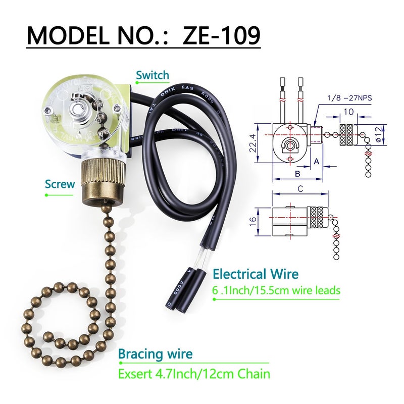 Dotlite 2Pack Ceiling Fan Light Pull Switch Zing Ear ZE-109, Bronze 2 Wire Turn On-Off Replacement Accessories Compatible with Hunter Fan Wall Table Lamps - Image 2